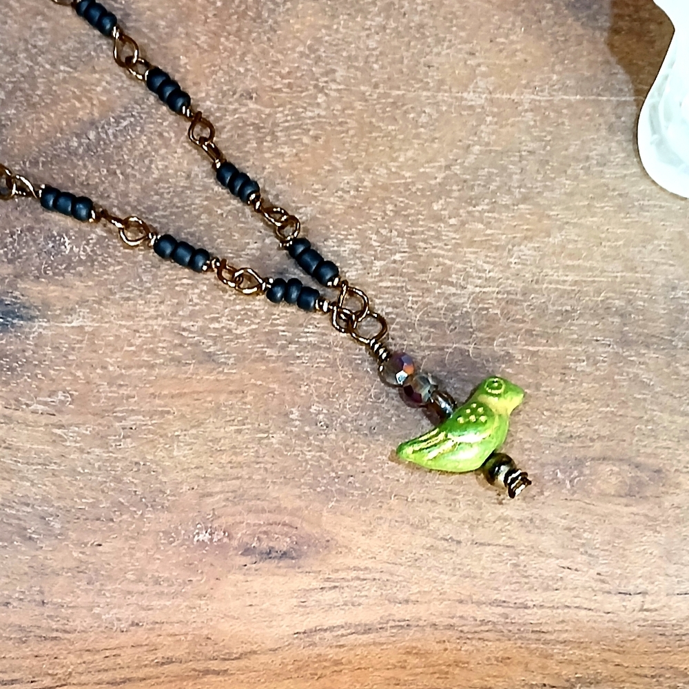 Minimalist bronze beaded bird necklace, summer jewelry, assorted lengths